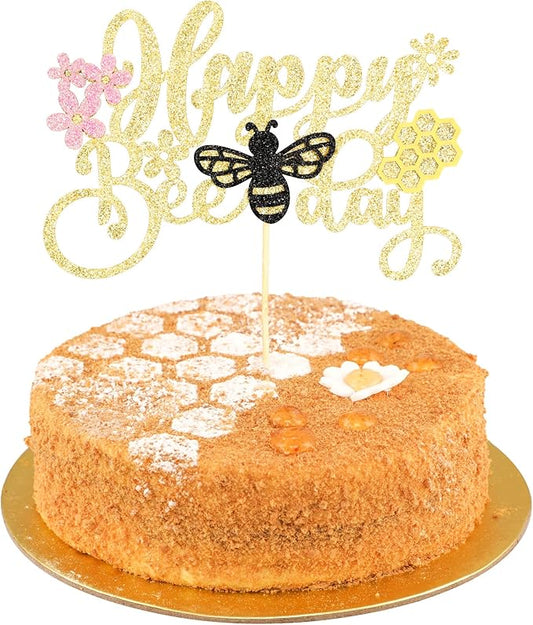 1 Pack Happy Bee Day Cake Topper Black Glitter Bumble Bee Theme Cake Pick Decorations for Baby Shower Kids Birthday Party Supplies