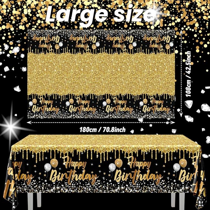3 Pack Happy Birthday Tablecloths Black and Gold Tablecloth Plastic Table Cover Rectangular Birthday Table Cloth for Women Men Baby Shower Party Supplies