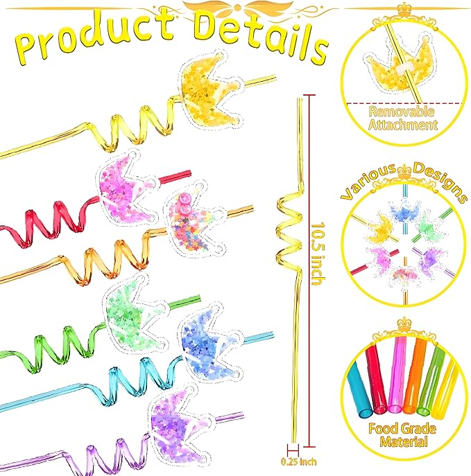 LEDUO 24Pcs Glitter Princess Party Favors-Reusable Crown Drinking Straws - Birthday Party Supplies-Boys Girls Party Decorations-Princess Theme Birthday Party Crazy Silly Straw with 2 Cleaning Brushes