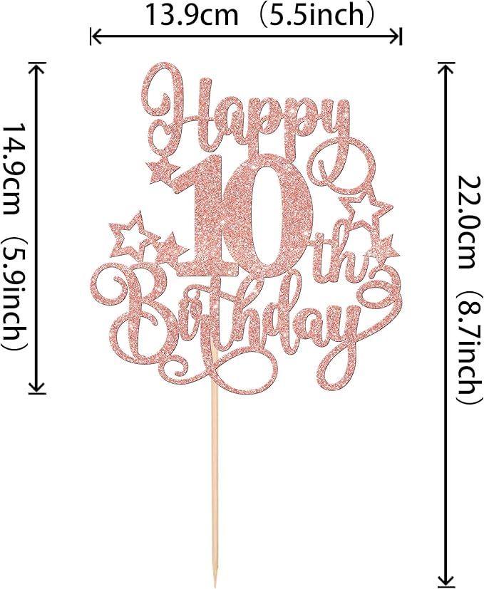 1 PCS Happy 10th Birthday Cake Topper Glitter Cheers to 10 Years Birthday Cake Pick Hello 10 Fabulous Cake Decoration for Happy 10th Birthday Anniversary Party Decorations Supplies Rose Gold