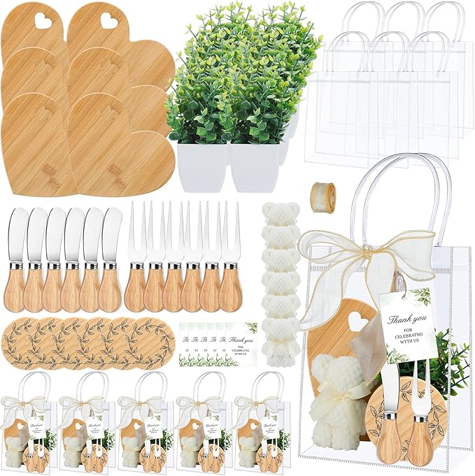 Honeydak 49 Pcs Baby Shower Prizes for Game Players 6 Sets Bamboo Cheese Board Fork Knives Coasters Towel Artificial Potted Plant Thanks Card Gift Bag for Baby Bridal Shower Wedding Favors (Heart)