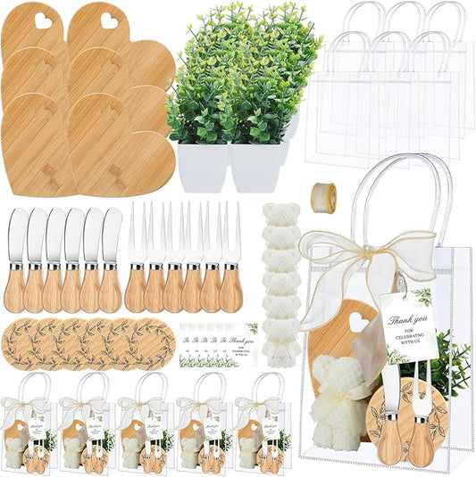 Honeydak 49 Pcs Baby Shower Prizes for Game Players 6 Sets Bamboo Cheese Board Fork Knives Coasters Towel Artificial Potted Plant Thanks Card Gift Bag for Baby Bridal Shower Wedding Favors (Heart)