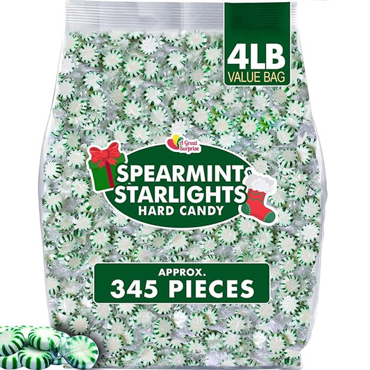 A Great Surprise Christmas Spearmint Starlight Mints – 4 lb Bulk Bag – Individually Wrapped Green & White Hard Candies for Holiday Parties, Offices, Candy Bowls & Winter Celebrations