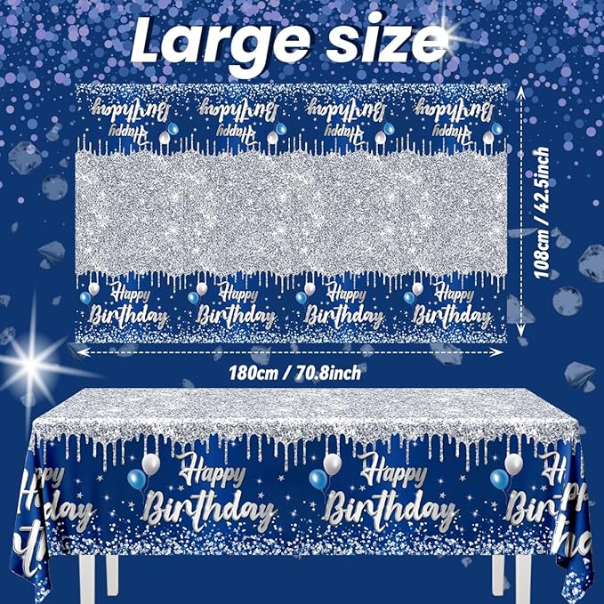 Happy Birthday Tablecloth,3pcs Navy Blue and Sliver Table Cloths for Parties Rectangle Glitter Navy Blue Birthday Decoration for 18th 21st 30th 40th 60th 70th Birthday Party Supplies