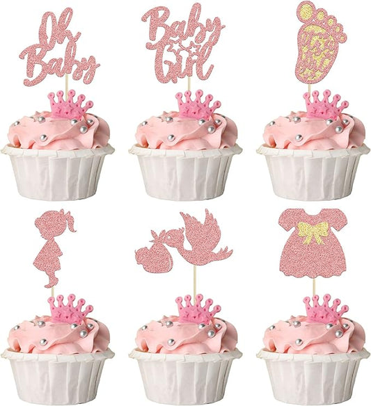 24Pcs Baby Shower Oh Baby Cupcake Toppers Rose Gold Glitter Bow Dress Footprint Swan Baby Girl Cake Picks Decorations for Baby Shower Gender Reveal Girls Birthday Party Supplies