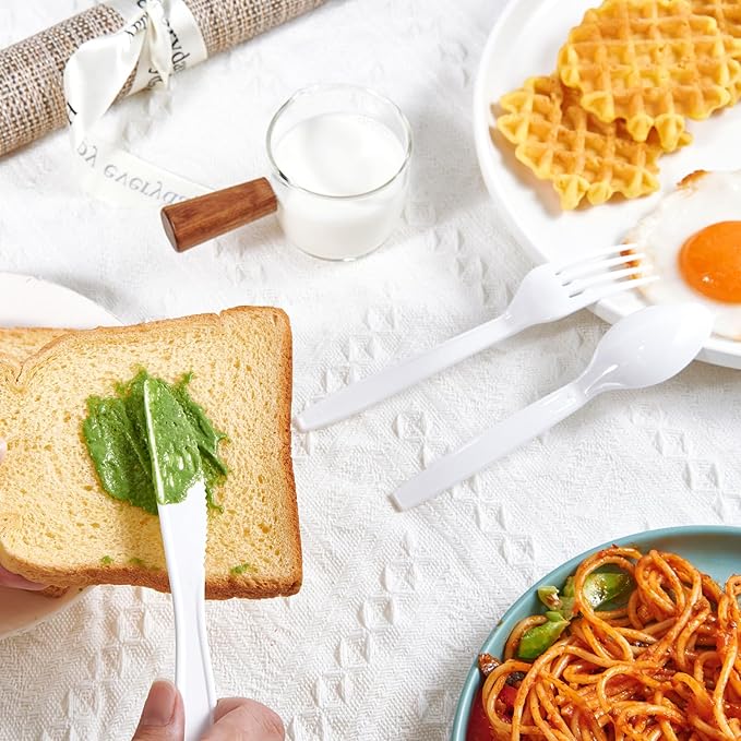 JOLLY CHEF 360 Count White Plastic Silverware Heavy Duty, 180 Forks, 120 Spoons, 60 Knives, Heat ResistantPlastic Utensils Set, Disposable Cutlery set, Premium Clear Utencils for Party, Christmas