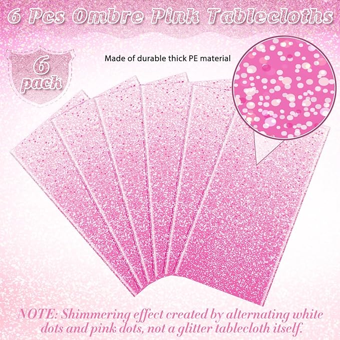 6 Pack Ombre Pink Plastic Tablecloth for Parties, Gradient Pastel Disposable Tablecloths for Rectangle Tables, Light Sprinkle Table Cover for Wedding Birthday Anniversary, 54 x 108 Inch