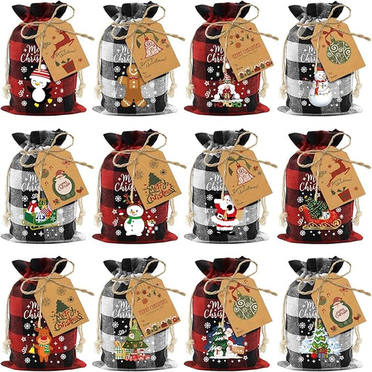 Aviski 60PCS Cotton Small Christmas Drawstring Candy Treat Bags Buffalo Plaid Xmas Xmas Christmas Fabric Goody Gift Sacks Reusable Gift Wrapping Bags Holiday Party Favors - Red/White