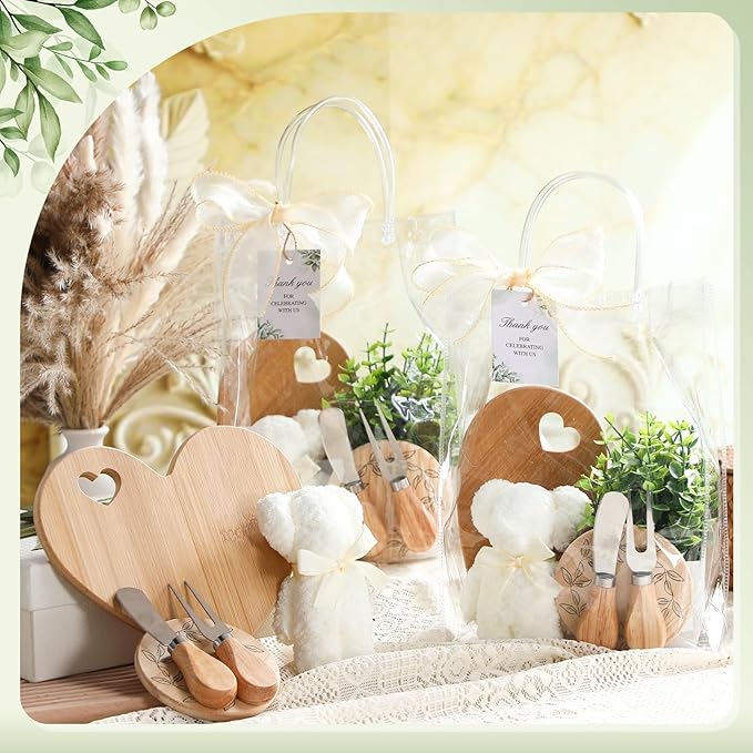 Honeydak 49 Pcs Baby Shower Prizes for Game Players 6 Sets Bamboo Cheese Board Fork Knives Coasters Towel Artificial Potted Plant Thanks Card Gift Bag for Baby Bridal Shower Wedding Favors (Heart)
