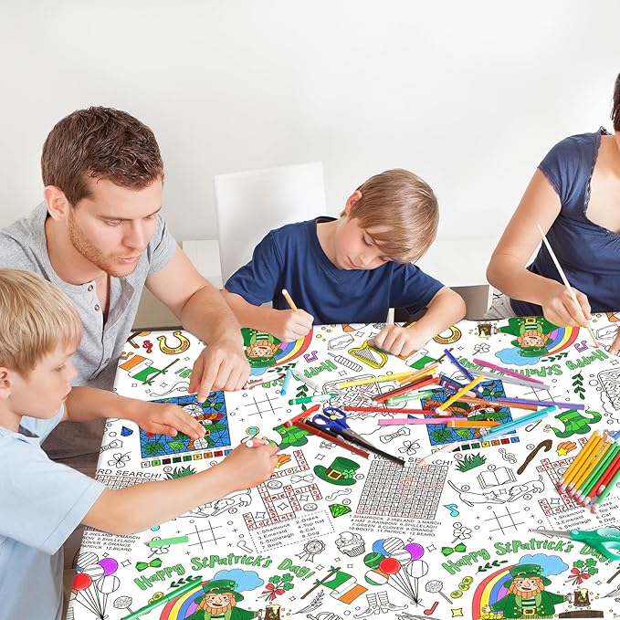 Gatherfun St. Patrick's Day Party Supplies Color-in Disposable Paper Tablecloth | 54x88 in St. Patrick's Day Party Decorations Set for Kids Birthday, School & Special Events