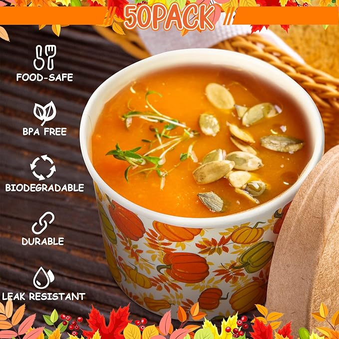 50 Pack 9 oz Fall Soup Bowls Disposable Paper Cups Fall Themed Disposable Dessert Bowls Pumpkin Paper Snack Cups for Hot or Cold Food Thanksgiving Day Party Supplies