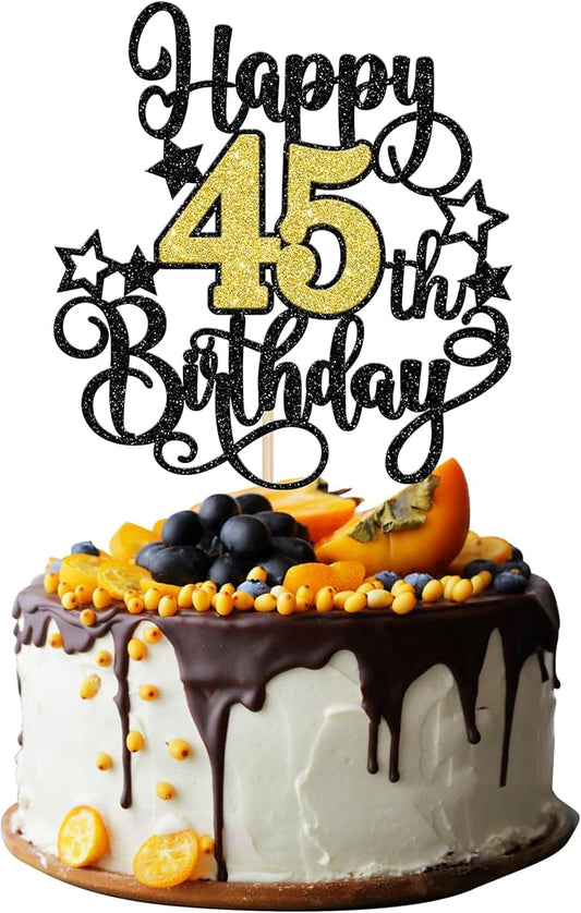 1 PCS Happy 45th Birthday Cake Topper Black Gold Glitter Cheers to 45 Years Birthday Cake Pick Hello 45 Fabulous Cake Decoration for Happy 45th Birthday Anniversary Party Decorations Supplies
