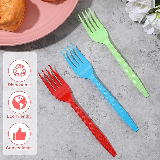 420 Pcs Rainbow Disposable Plastic Forks Bulk - Colorful Cutlery for Parties, Picnics, Weddings & Events (6 Vibrant Colors, 70 Each)