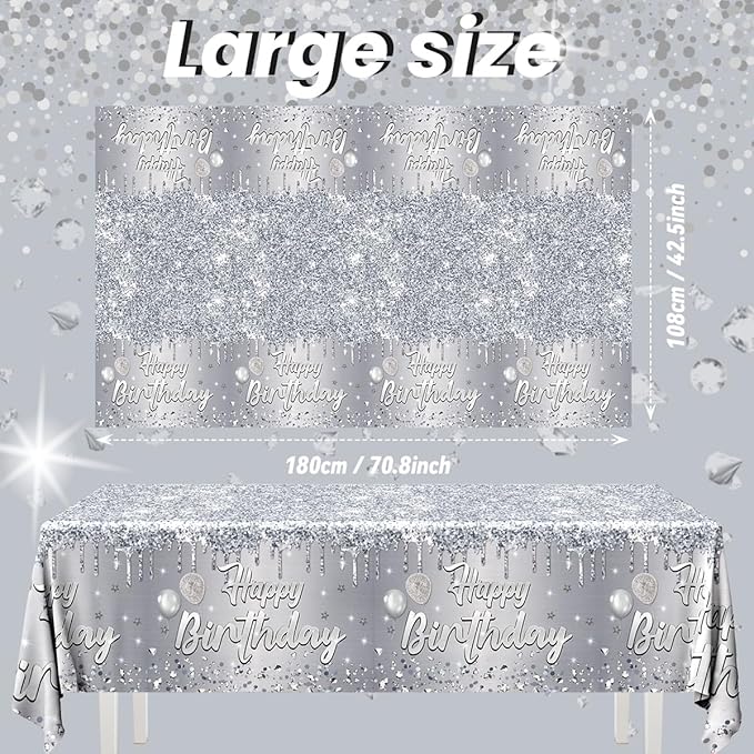 Happy Birthday Tablecloth,3pcs Sliver Table Cloths for Parties Glitter Sliver Birthday Decoration for Women Men’s 18th 21st 30th 40th 60th 70th Birthday Party Supplies
