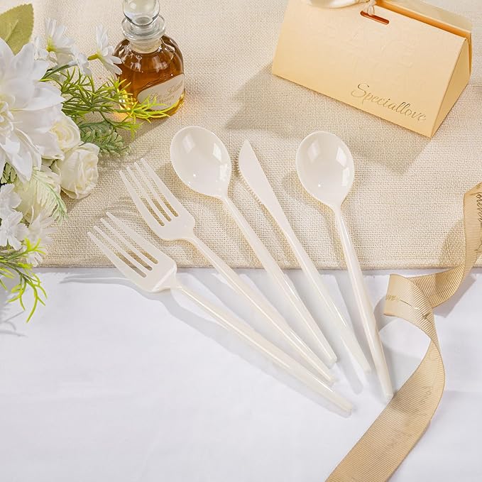 Supernal 180pcs Plastic Silverware Heavy Duty Ivory Plastic Utensils Cutlery Disposable Beige Plastic Cutlery Include 60 Plastic Forks,60 Plastic Knvies,60 Plastic Spoons for Party,Wedding