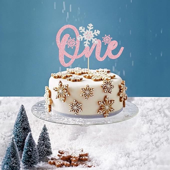 1 Pack Snowflake One Cake Topper Pink Glitter 1st Birthday Party Cake Pick Decorations for Winter Snowflake Theme Baby Shower Kids First Birthday Party Supplies