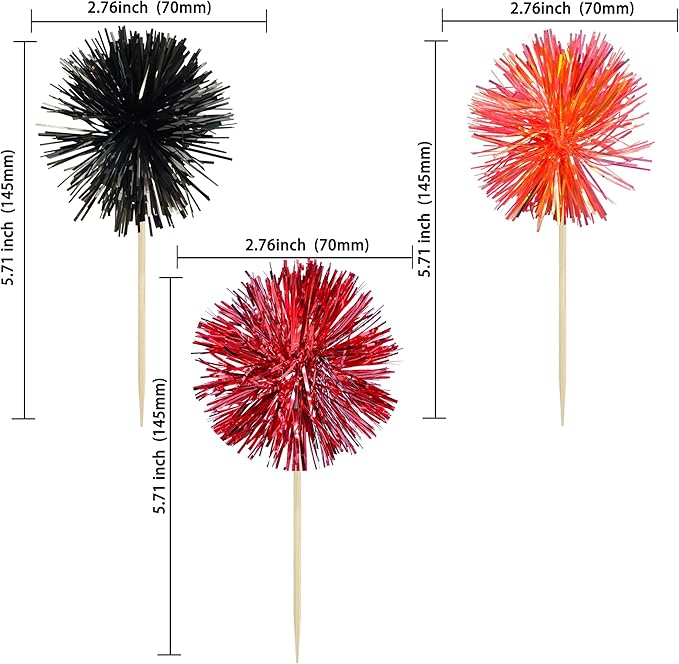 Gyufise 30Pcs Foil Firework Cupcake Toppers Sparkle Tinsel Cake Toppers Tinsel Drink Cake Decoration Cocktail Picks for Halloween Birthday Wedding Graduation Party Supplies Purple Black Orange