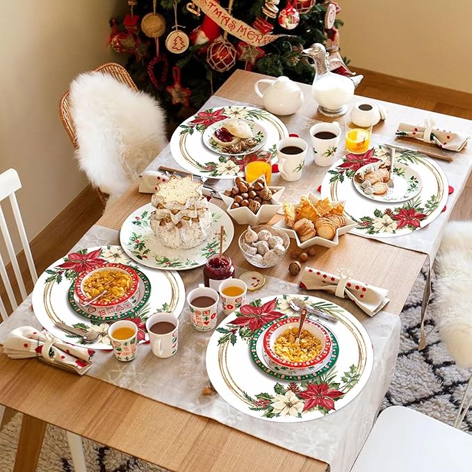 50 Pack Christmas Paper Placemats Disposable Poinsettia Place Mats 13.4 Inch Red Christmas Flower Decorative Round Table Mats for Xmas Winter Birthday Wedding Baby Shower Party Supplies