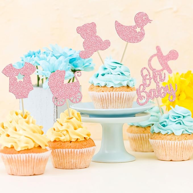 Gyufise 36Pcs Oh Baby Cupcake Toppers Glitter Pacifier Bear Cupcake Picks Cake Decorations for Gender Reveal Baby Shower Kids Boys Girls Birthday Party Supplies Pink