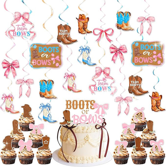 Boots or Bows Gender Reveal Decorations Boots and Bows Gender Reveal Cupcake Toppers Party Supplies Cowboy or Cowgirl Garland Banner Brown Pink Western Baby Shower