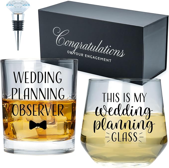 Wedding Planning Glass Engagement Gifts for Couples - Wine Whiskey Fiance Gift for Her and Him - Newly Engaged Couple Unique Glasses with Diamond Wine Stopper