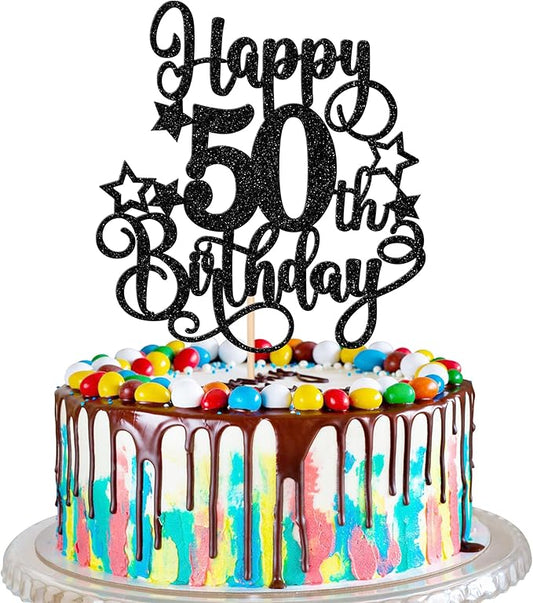 1 PCS Happy 50th Birthday Cake Topper Glitter Cheers to 50 Years Birthday Cake Pick Hello 50 Fabulous Cake Decoration for Happy 50th Birthday Anniversary Party Decorations Supplies Black