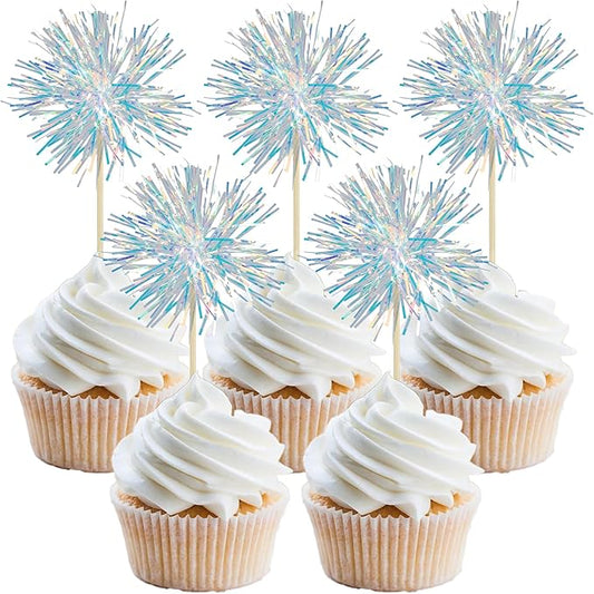 Gyufise 30Pcs Foil Firework Cupcake Toppers Sparkle Tinsel Cake Toppers Tinsel Drink Cake Decoration Cocktail Picks for Birthday Wedding Graduation Party Supplies Laser White