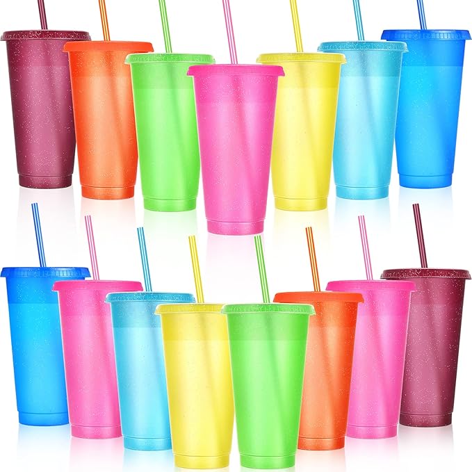 Honeydak 15 Pack Tumbler with Straw and Lid Bulk Cups for Gifts Glitter Plastic Coffee Cups 24-27 oz Reusable Water Bottle Iced Coffee Travel Mug Party Favors for Birthdays Travel (Cute Colors)