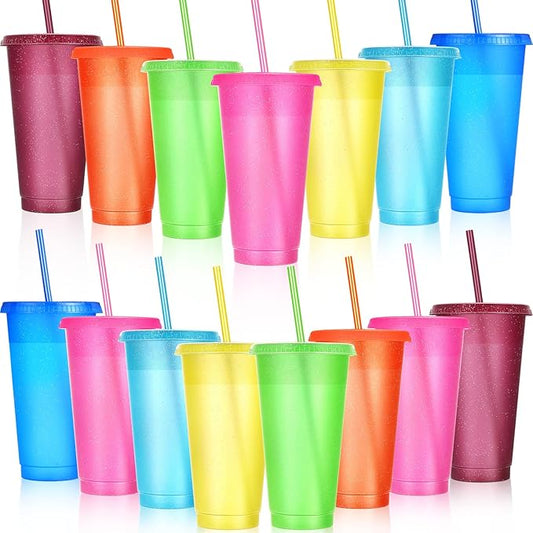 Honeydak 15 Pack Tumbler with Straw and Lid Bulk Cups for Gifts Glitter Plastic Coffee Cups 24-27 oz Reusable Water Bottle Iced Coffee Travel Mug Party Favors for Birthdays Travel (Cute Colors)