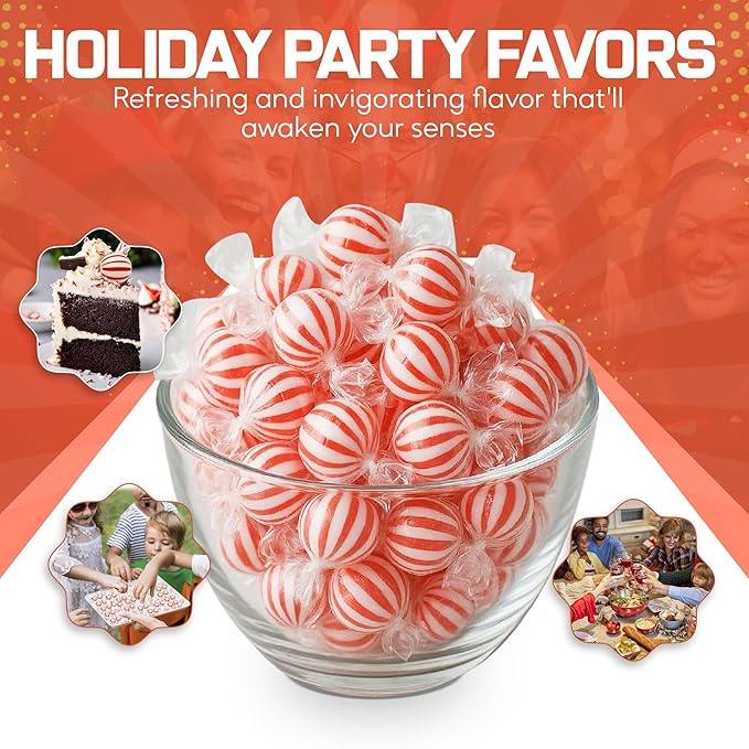 Peppermint Hard Candy 5 Pound Bulk Jumbo Peppermint Candy Balls, Approx 250 Individually Wrapped Mint Balls for Office Bowls, Christmas Candy Jars, and Holiday Party Favors