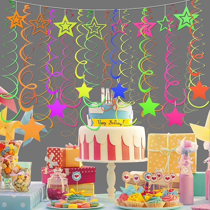 56 Pieces UV Hanging Swirls Decorations Paper Neon Streamer for Ceiling Star Neon Garlands Black Light Neon Decorations for Dark Glow Party Supplies and Decorations Birthday Neon Party Favors