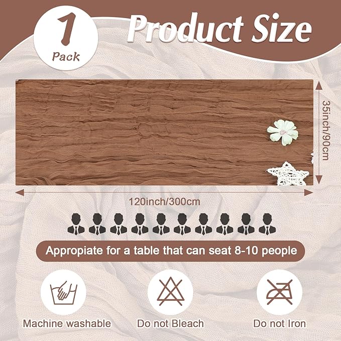 1 Pack Cheesecloth Table Runner Rustic Sheer Boho Gauze 35 x 120 Inch Centerpiece Cheese Cloth for Bridal Baby Shower Summer Spring Decorations Brown