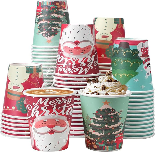 SIUQ 100 Pack 10 oz Christmas Disposable Coffee Cups, Thickened Christmas Paper Cups for Hot/Cold Beverage, Tea, Coffee, Hot Chocolate, Xmas Party Cup Ideal for Home, Cafes, Store, Holiday