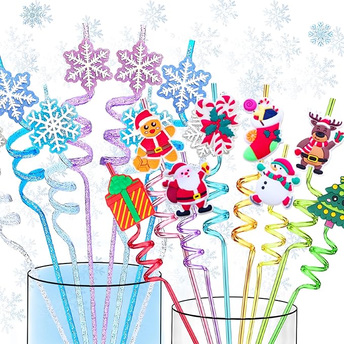48PCS Pary Straws - 24 Christmas Straws and 24 Glitter Snowflake Straw for Party Favors Decors - Reusable Crazy Straw for Kids Winter Xmas Party Supplies, Plastic Drinking Straw for Kids New Year