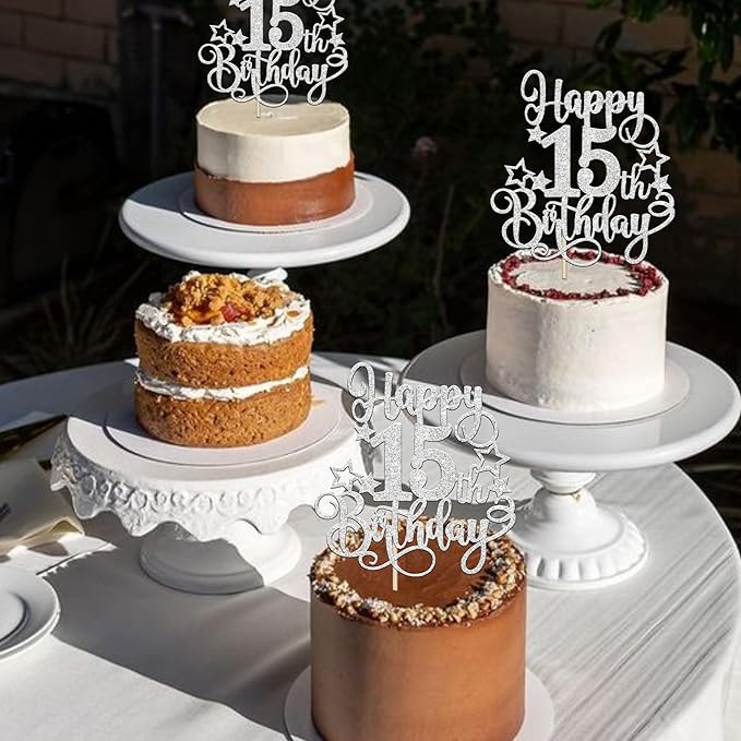 1 PCS Happy 15th Birthday Cake Topper Glitter Cheers to 15 Years Birthday Cake Pick Hello 15 Fabulous Cake Decoration for Happy 15th Birthday Anniversary Party Decorations Supplies silver