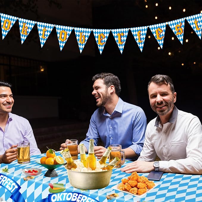 Oktoberfest Plastic Tablecloth,2Pcs Blue White Checkered Table Cover and Banner Flags for Bavarian Beer Festival Oktoberfest Party Decorations (54x108 Inch)