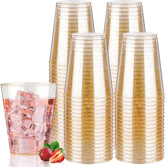Goodluck 10 oz 100 PCS Gold Glitter Plastic Cups, Disposable Glitter Cups, Elegant Plastic Cocktail Glasses, Fancy Party Cups for Wedding, Birthday, Holiday