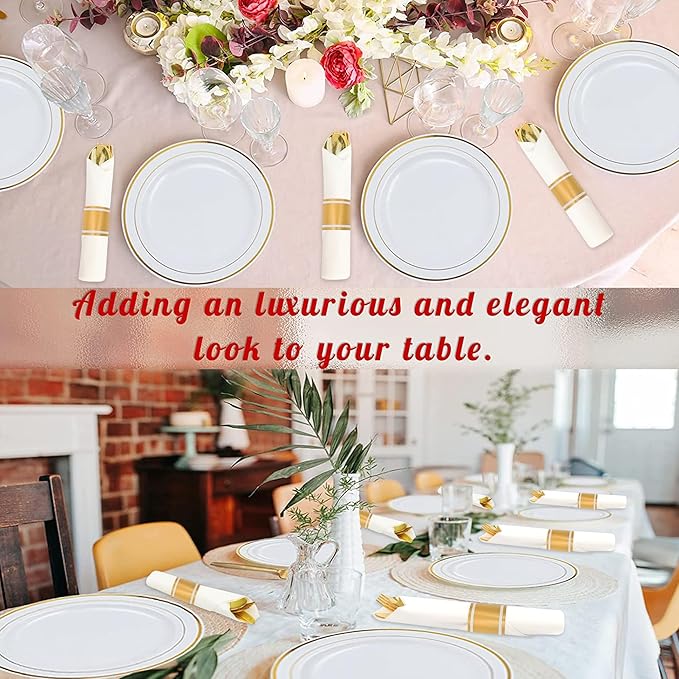 200 Pack Pre Rolled Gold Plastic Silverware Set,Wrapped Plastic Cutlery Set with Napkin Include 200 Forks,200 Spoons,200 Knives and 200 White Napkins for Party,Wedding,Christmas