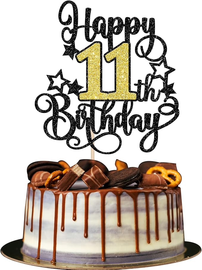 1 PCS Happy 11th Birthday Cake Topper Black Gold Glitter Cheers to 11 Years Birthday Cake Pick Hello 11 Fabulous Cake Decoration for Happy 11th Birthday Anniversary Party Decorations Supplies