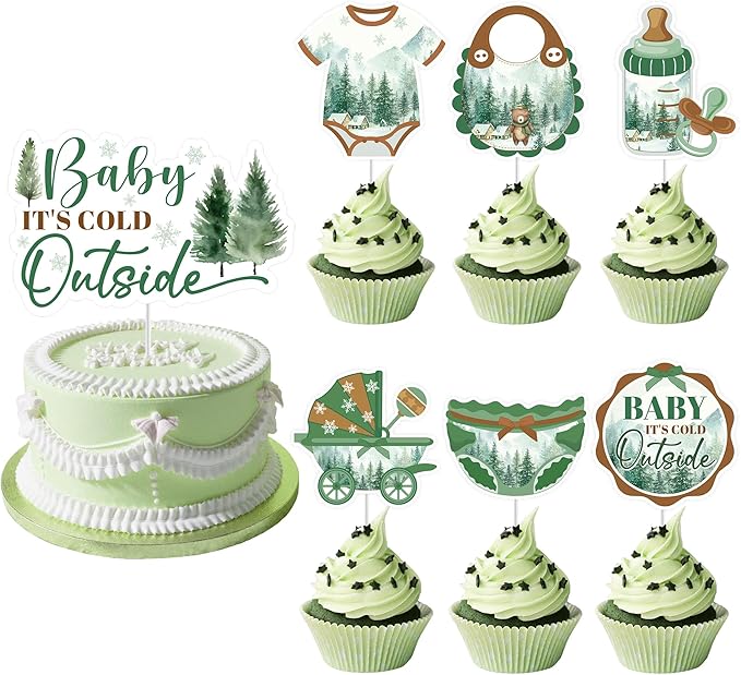 Baby Its Cold Outside Baby Shower Decorations, Winter Forest Cake Topper & 24 Cupcake Toppers, Woodland Green Party Supplies (Pack of 25)