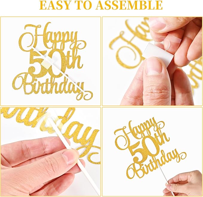 50th Birthday Cake Decorations, 50th Birthday Candles Cake Numeral Candles and Glitter Happy 50th Birthday Cake Toppers Set for Birthday Party Supplies (Gold)
