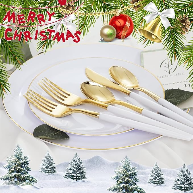 I00000 144Pcs Gold Plastic Silverware, Gold Plastic Utensils Set,Disposable Utensils Heavy Duty,Disposable Silverware Set Includes 48 Forks,48 Knives,48 Spoons for Party & Thanksgiving