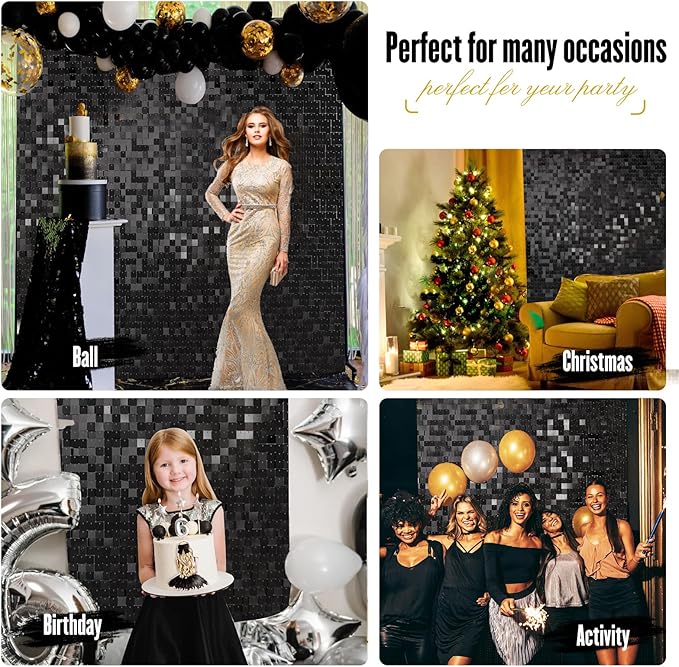 Shimmer Wall Sequin Backdrop, 48pcs Square Shimmer Wall Sequin Backdrop, DIY Party Shiny Decor for Wedding, Birthday, Anniversary, Graduation, Holiday&Home Background Supplies (Black)