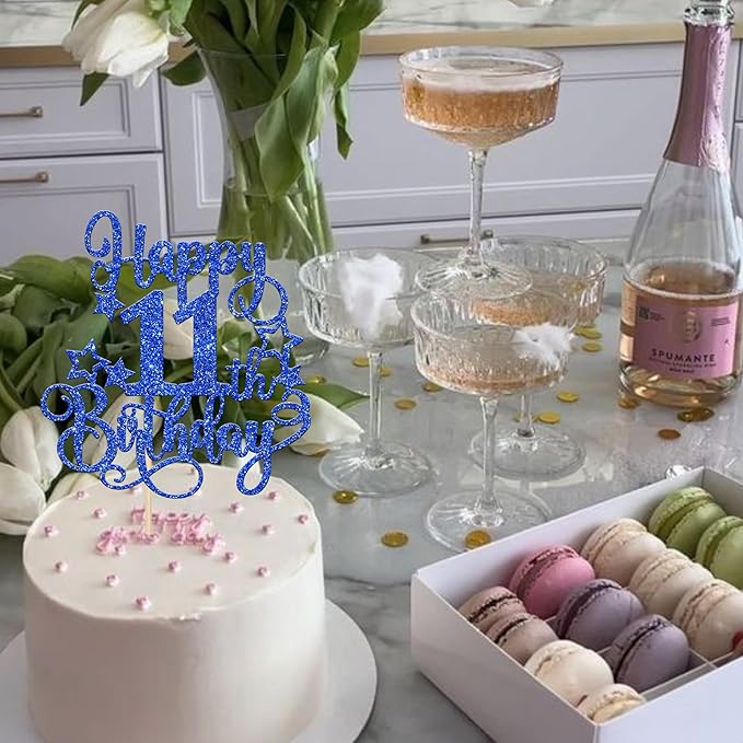 1 PCS Happy 11th Birthday Cake Topper Glitter Cheers to 11 Years Birthday Cake Pick Hello 11 Fabulous Cake Decoration for Happy 11th Birthday Anniversary Party Decorations Supplies Blue