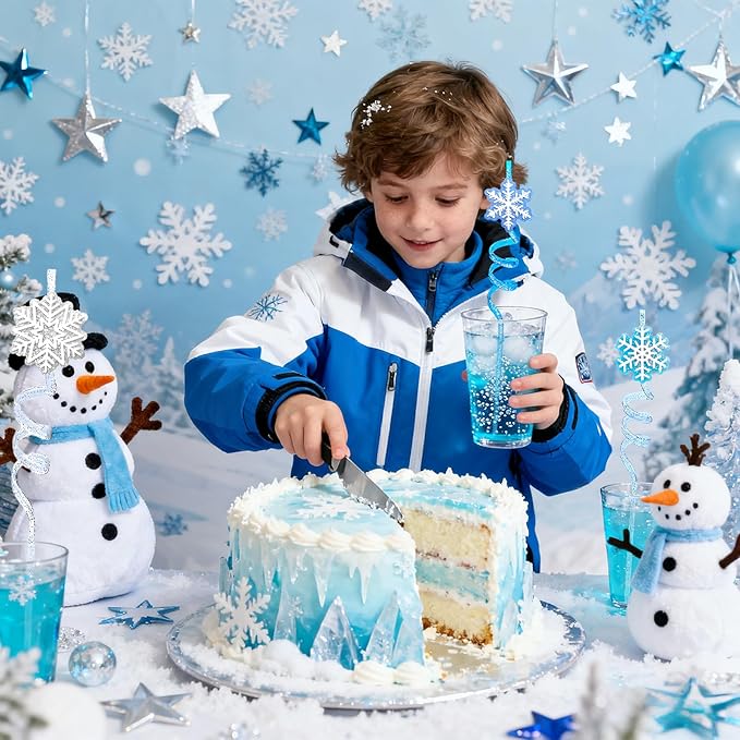 48PCS Pary Straws - 24 Christmas Straws and 24 Glitter Snowflake Straw for Party Favors Decors - Reusable Crazy Straw for Kids Winter Xmas Party Supplies, Plastic Drinking Straw for Kids New Year