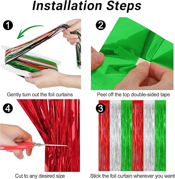 2 Pack Christmas Backdrop, 3.28 FT x 7.05 FT Red Silver Green Party Streamer, Metallic Xmas Backdrop Fringe Curtains Foil Tinsel, Christmas Decorations Wall Decor Photo Booth Props