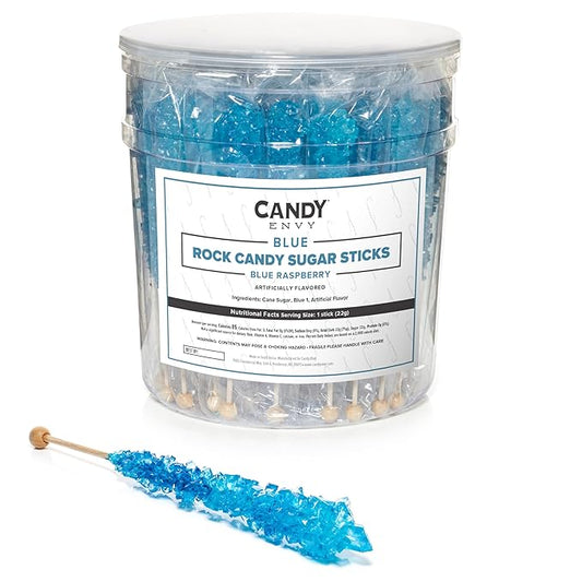 Blue Rock Candy Sugar Sticks - Blue Raspberry Flavored - 36 Individually Wrapped Candy Party Favors