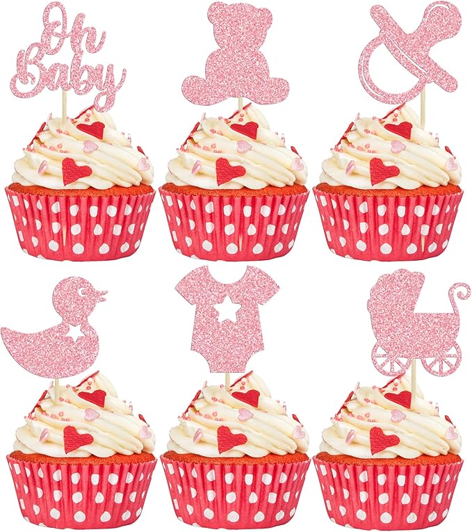 Gyufise 36Pcs Oh Baby Cupcake Toppers Glitter Pacifier Bear Cupcake Picks Cake Decorations for Gender Reveal Baby Shower Kids Boys Girls Birthday Party Supplies Pink