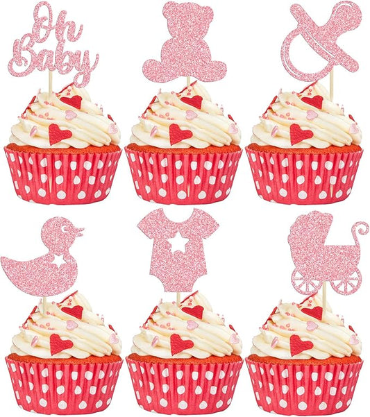 Gyufise 36Pcs Oh Baby Cupcake Toppers Glitter Pacifier Bear Cupcake Picks Cake Decorations for Gender Reveal Baby Shower Kids Boys Girls Birthday Party Supplies Pink