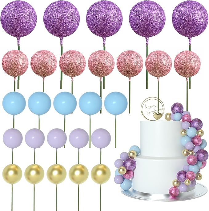 ASTARON 50 Pcs Ball Cake Topper Sticks Mini Balloons for Cake Decorating Supplies Foam Balls Cake decorations for Party Cake Birthday Cake Toppers Decorations (Pink，Purple，Blue)